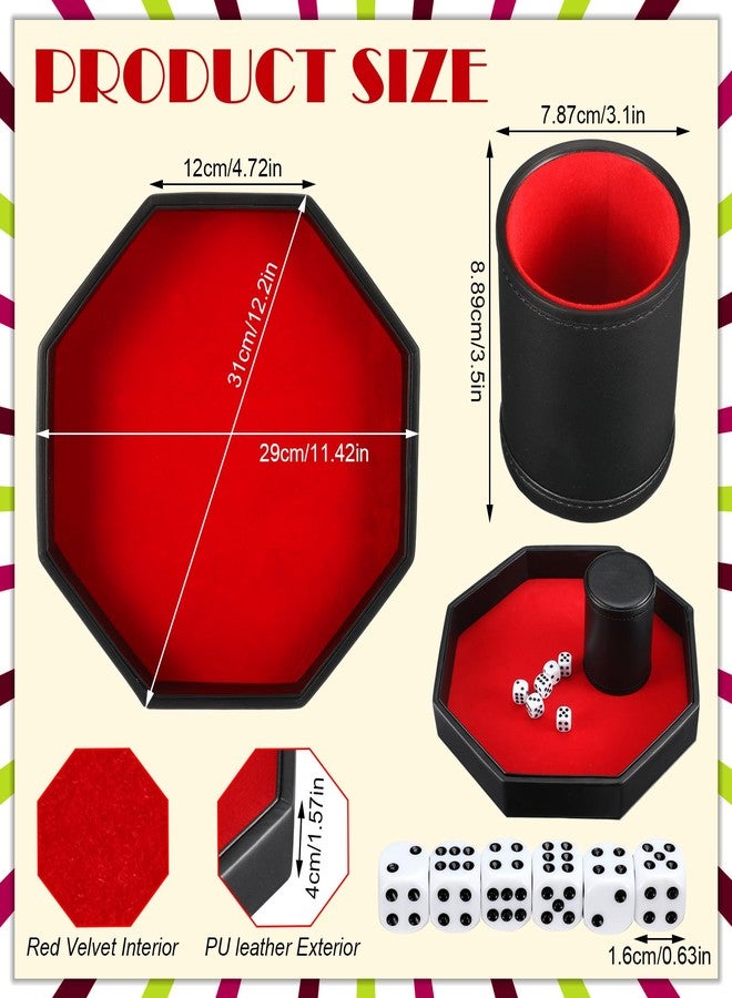 MiniInflat 8 Pcs Dice Tray Game Set Includes 1 Red Velvet PU Leather Octagon Dice Roll Tray, Felt Lined PU Leather Dice Cup with 6 Dot Dices for Bar Party Dice Games - Image 2